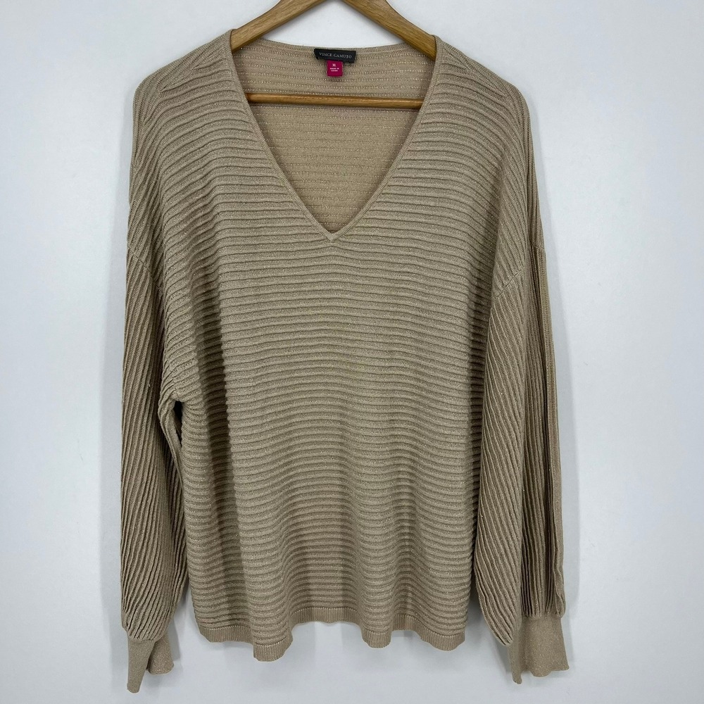Vince Camuto Womens XL Gold Metallic Ribbed V-Neck Balloon Sleeve Sweater‎